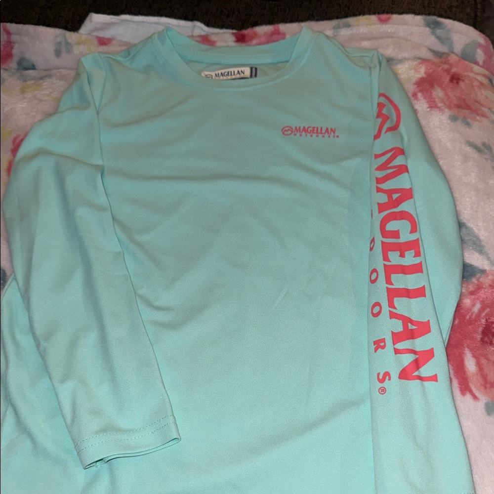 Magellan Outdoors Kids Light Aqua Long Sleeve Shirt with Pink Logo